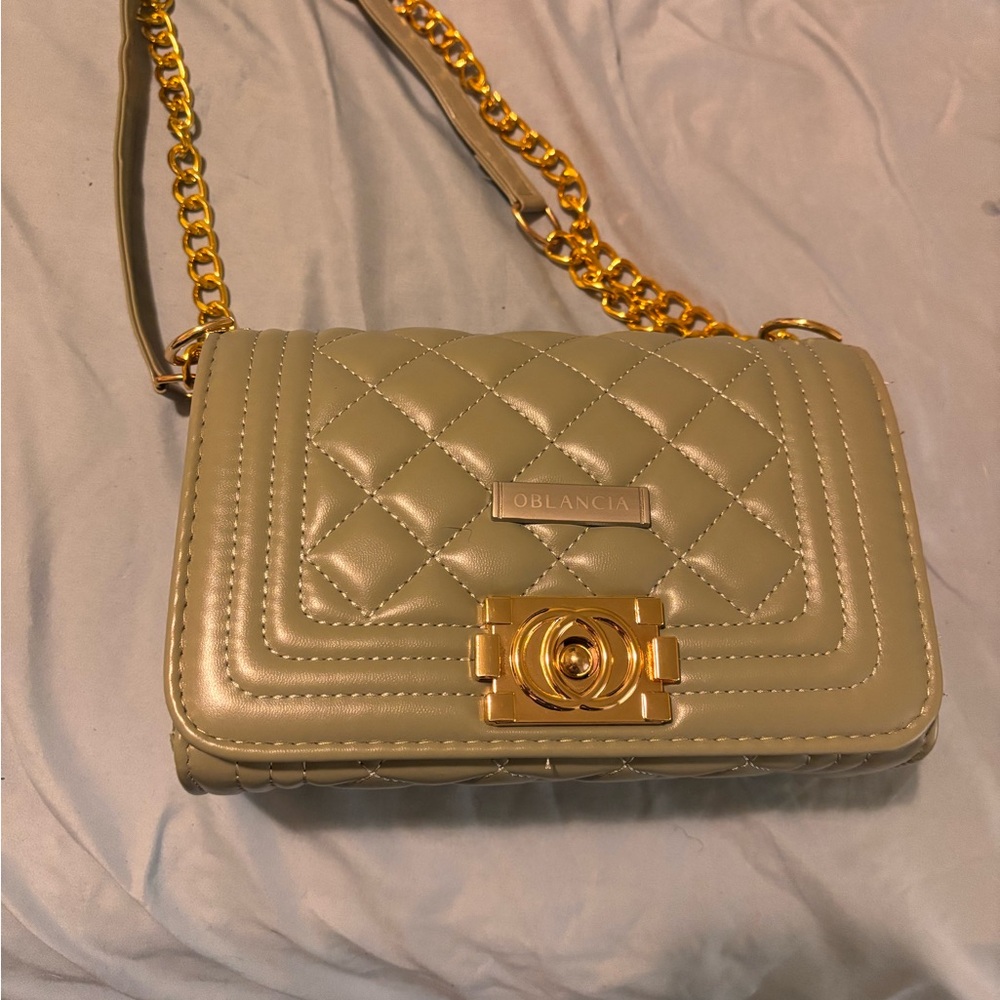 Green and Gold Quilted Crossbody OBLANCIA Bag with Chain Strap